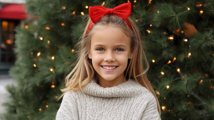 A cute little child in a warm sweater and pajamas decorates the Christmas tree in the living room. Merry Christmas and a Happy New Year! Warm and cozy holiday winter evening.