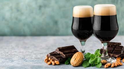 Two Glasses of Dark Beer with Chocolate, Nuts, and Mint on a Textured Background: Perfect for Craft Beer Advertising or Gourmet Food Photography