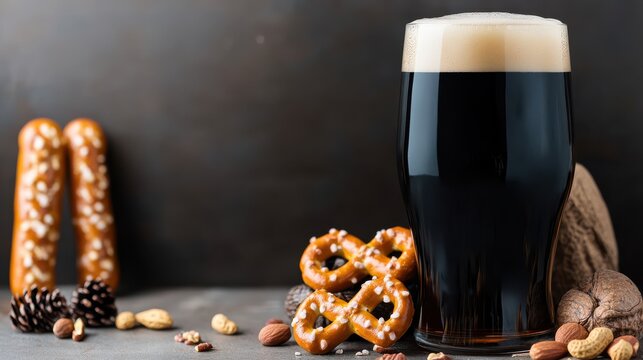 Dark Beer in Glass with Foam Head, Pretzels, Nuts, and Pine Cones on Gray Background: Rustic Still Life for Oktoberfest or Craft Beer Promotion - Powered by Adobe