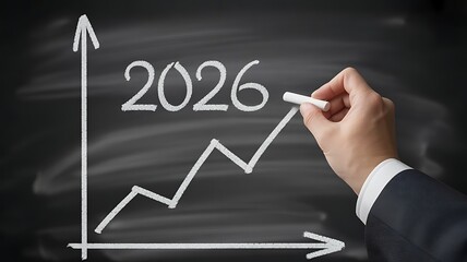 Hand drawing 2026 year with upward trend line on chalkboard isolated on white background