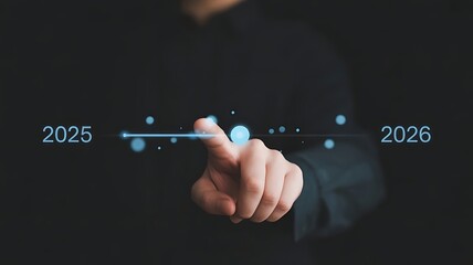 A hand touches a line between 2025 and 2026 on a dark background