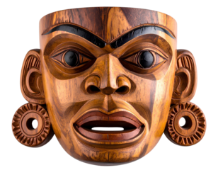 Handcrafted Wooden Mask with Intricately Carved Facial Features, Isolated on Transparent Background, PNG