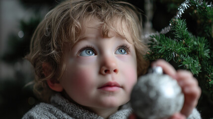 A cute little child in a warm sweater and pajamas decorates the Christmas tree in the living room. Merry Christmas and a Happy New Year! Warm and cozy holiday winter evening.
