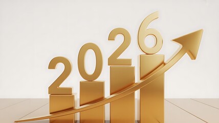 Golden 2026 year with an upward arrow on a white background