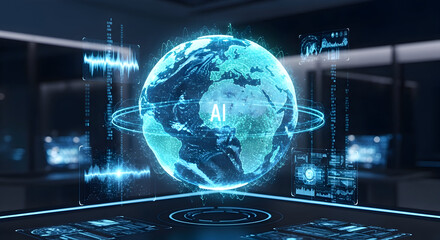 Artificial intelligence globe hologram over control panel in futuristic office, digital technology concept
