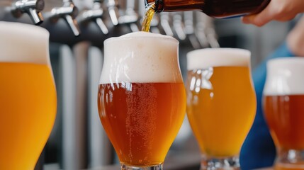Craft Beer Pouring into Glass with Frothy Head at Bar - Close-Up of Golden Ale with Tap Handles in Background, Brewery Setting, Refreshment