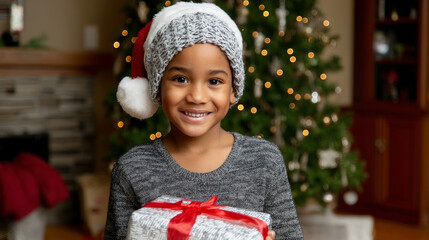 A cute little child in a warm sweater and pajamas decorates the Christmas tree in the living room. Merry Christmas and a Happy New Year! Warm and cozy holiday winter evening.