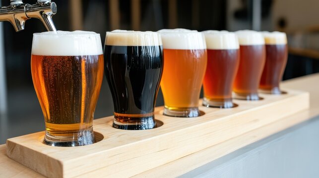 Beer Flight Sampler: Assortment of Craft Beers in Tasting Glasses on a Wooden Tray, Perfect for Brewery Tours and Beverage Photography