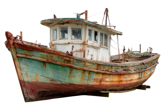 Weathered wooden fishing boat with peeling paint and rust on black background vessel, Isolated On Transparent Background, Png Cut Out