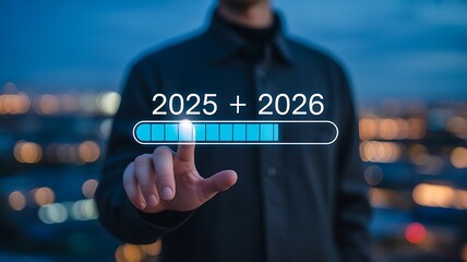 Person using a progress bar showing the years 2025 and 2026 against cityscape