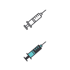 Medical syringe icon set representing vaccination and healthcare. Vector illustration of an injection needle symbol in linear and filled outline styles