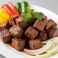Delicious Beef Cubes with Peppers and Onions on a White Plate.