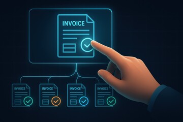 Hand Interacting with Digital Invoice Interface and Payment Verification in Modern Financial System