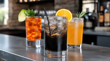 Assorted Refreshing Cocktails on Bar Counter with Ice, Orange Slice, and Rosemary Garnish, Perfect for Happy Hour and Summer Drink Promotions