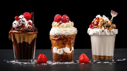 Variety of Dessert Cups with Cream, Chocolate, Caramel, Berries, and Toppings, Perfect for Catering, Events, and Sweet Treats Promotions