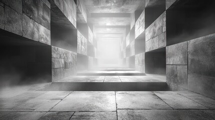 Dimly lit concrete tunnel with checkerboard pattern fades into bright fog