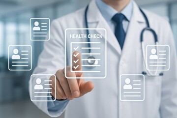 Doctor in White Coat Performing Health Check with Medical Data Visualization in Modern Clinic Environment