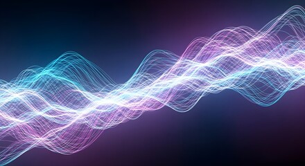 Abstract glowing lines form undulating waves with cyan and magenta illumination