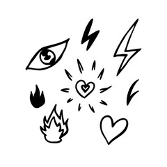 Hand drawn doodles featuring love, fire, and energy