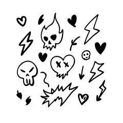 Hand drawn doodle set featuring skulls and hearts