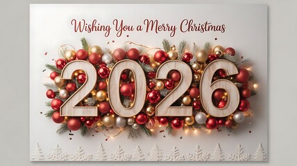 Festive christmas card with 2026 date and ornaments isolated on white background
