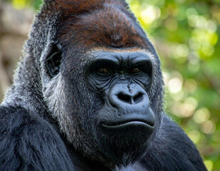 Obraz premium Close-up portrait of a majestic silverback gorilla in its natural habitat.