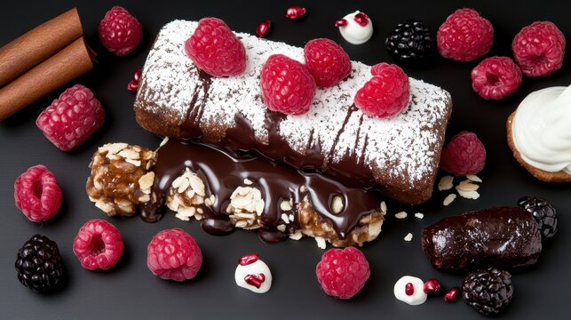 Chocolate Dessert Bar with Raspberries and Blackberries on Dark Background, Perfect for Bakery Promotion and Gourmet Dessert Content - Powered by Adobe