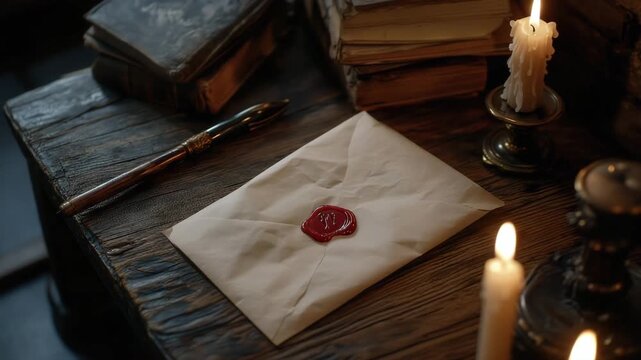 Sealed envelope lies on wooden table with quill and candles illuminating the scene