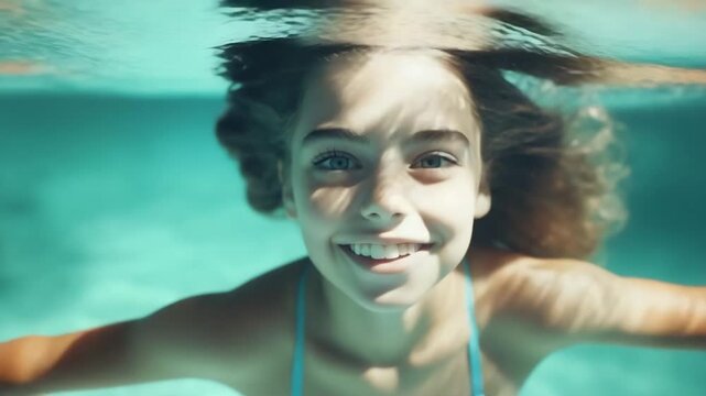 Serene young woman with curly hair floating underwater with closed eyes, enjoying sunbeams shining through turquoise water