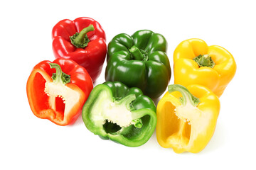 Fresh colorful bell peppers on white background
