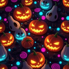 Dark halloween pattern with glowing jackolanterns and spooky ghosts, illuminated by neon blue and pink lights