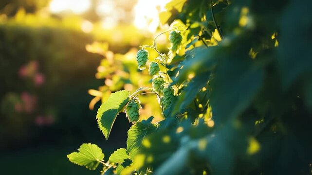 Ripe hop cones growing on a hop plant at sunset, ready for harvest