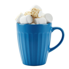 Vibrant cobalt blue ribbed ceramic mug overflowing with fluffy white and delicately toasted marshmallows, centrally isolated on a pristine transparent background, sweet indulgence concept