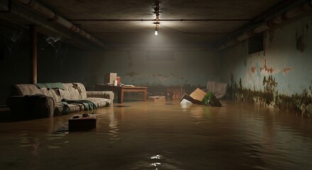 Flooded Basement - A Dark and Waterlogged Interior Scene.