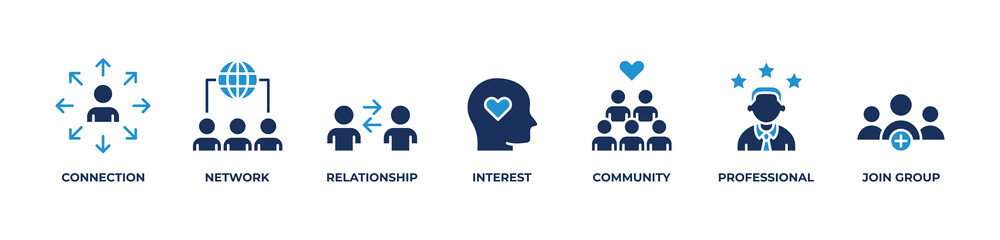 Connected Professional Community Icons set vector illustration blue with Connection, Network, Relationship, Interest, Community, Professional, Join group