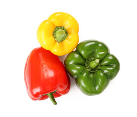 Ripe colorful bell peppers on white background