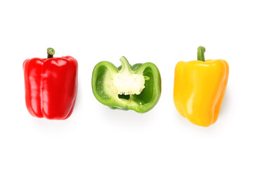 Fresh colorful bell peppers on white background