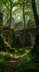 Ancient stone ruins overgrown with vines and moss in a dense forest with a path