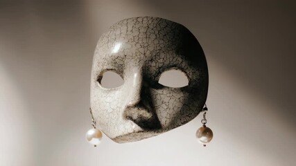 Ceramic mask with pearl earrings, cracked surface. Dramatic lighting, isolated - Powered by Adobe