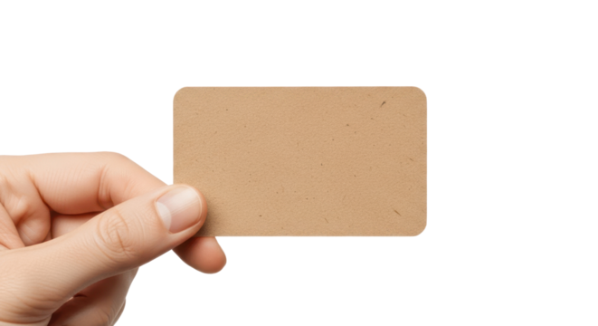 Hand holding blank brown craft paper business card. Cardboard mockup. Isolated on transparent background, png