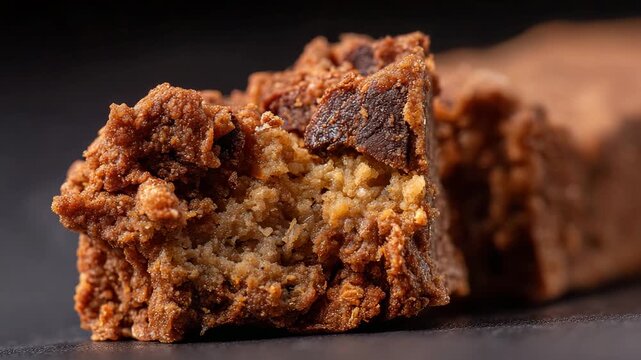 An enticing close-up of a chocolate snack bar displaying its chewy texture and rich flavor, capturing the essence of indulgence and a tasty treat for sweet lovers.
