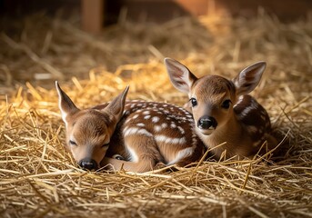 Two Fawn Deer Resting Peacefully on Hay Bedding.