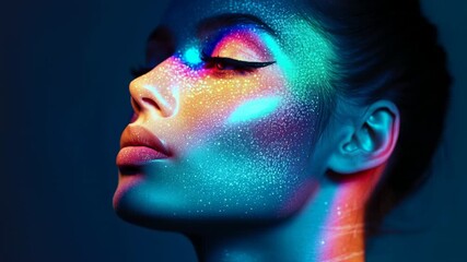Woman face with neon light makeup and glowing skin in dark creating futuristic beauty and artistic style - Powered by Adobe