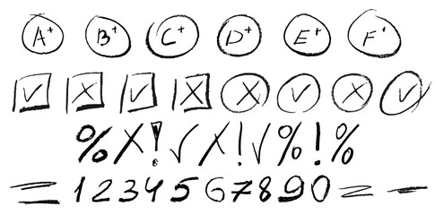 Crayon grade mark. Handwriting pencil check score for exam. Marker wrong and good sign in circle line. School kids grading and teacher scribble to underline word set on paper design. Tick and cross.