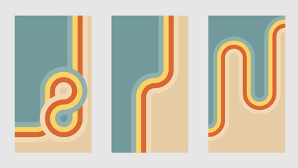 Retro groovy rainbow poster background with abstract color line graphic. Vintage wave pattern with funky road and dynamic art. Fun geometric cover decoration for playful banner. Trendy pop artwork.