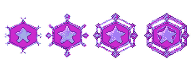 Purple pixel medal with star for game ui. Hexagon trophy and rank icon set. Reward badge for military achievement and rating. Casino progress coin. Golden winner award as bonus. Medieval symbol kit.