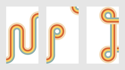Retro line rainbow background for groovy poster design. Color stripe abstract pattern with funky art. Creative curve flow on dynamic template with psychedelic road wallpaper. 70s vintage path set.