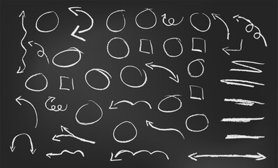 Chalk arrow, pencil line and hand drawn brush sketch with doodle scribble on blackboard. Crayon stroke for rough highlight element. Grunge underline circle set on chalkboard. Scratch and squiggle.