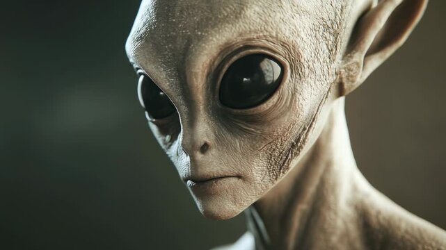 Closeup portrait of alien with large black eyes and pale skin symbolizing extraterrestrial life mystery