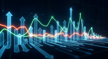 Obraz premium Abstract glowing stock market bar and line graphs with upward trending arrows